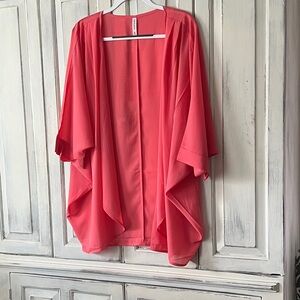 86. NEW ZENANA Plus Woven Chiffon Cardigan with Shoulder Pleat in Deep Coral